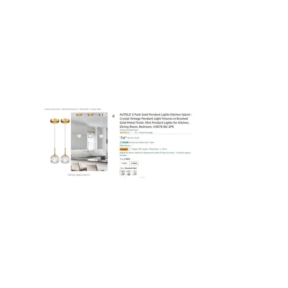 2 Pack AUTELO Gold Crystal Pendant Lights Kitchen Island Mini Fixtures‎ Brushed